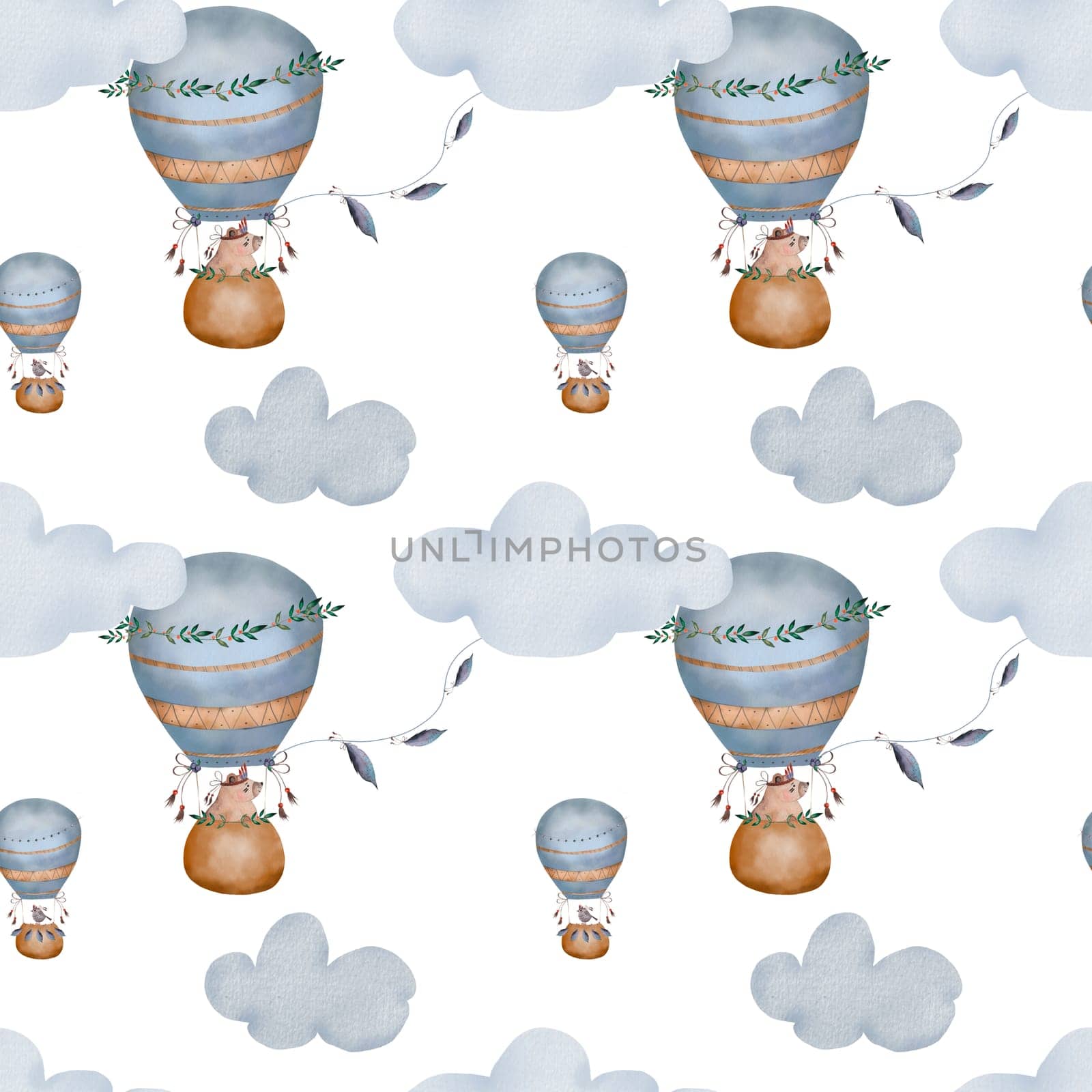 Watercolor pattern baby hot air balloons in pastel colors. Cute illustration of a bird and a bear in boho style with clouds. Kawaii seamless image for printing on children's textiles and children's room design. High quality illustration