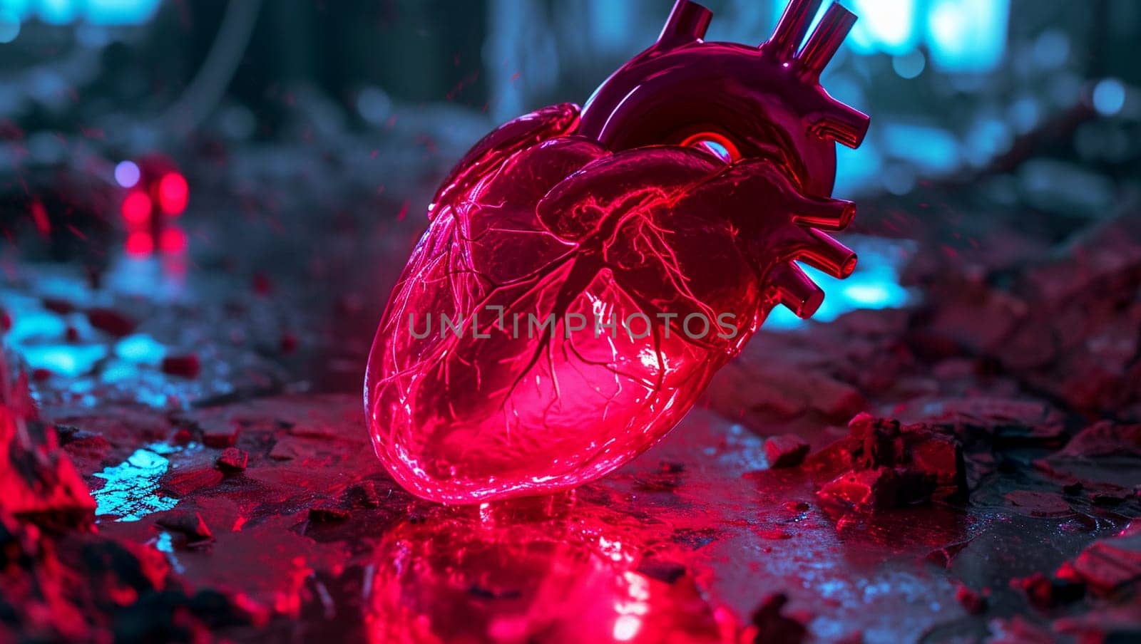 Neon natural heart in cyberpunk style. Red-pink illuminated human heart. High quality photo