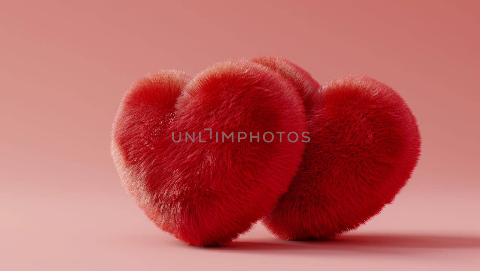 Two colorful fur hearts. Fur heart shapes on pink background, denoting love and care. Valentine's Day and happiness. by Sneznyj