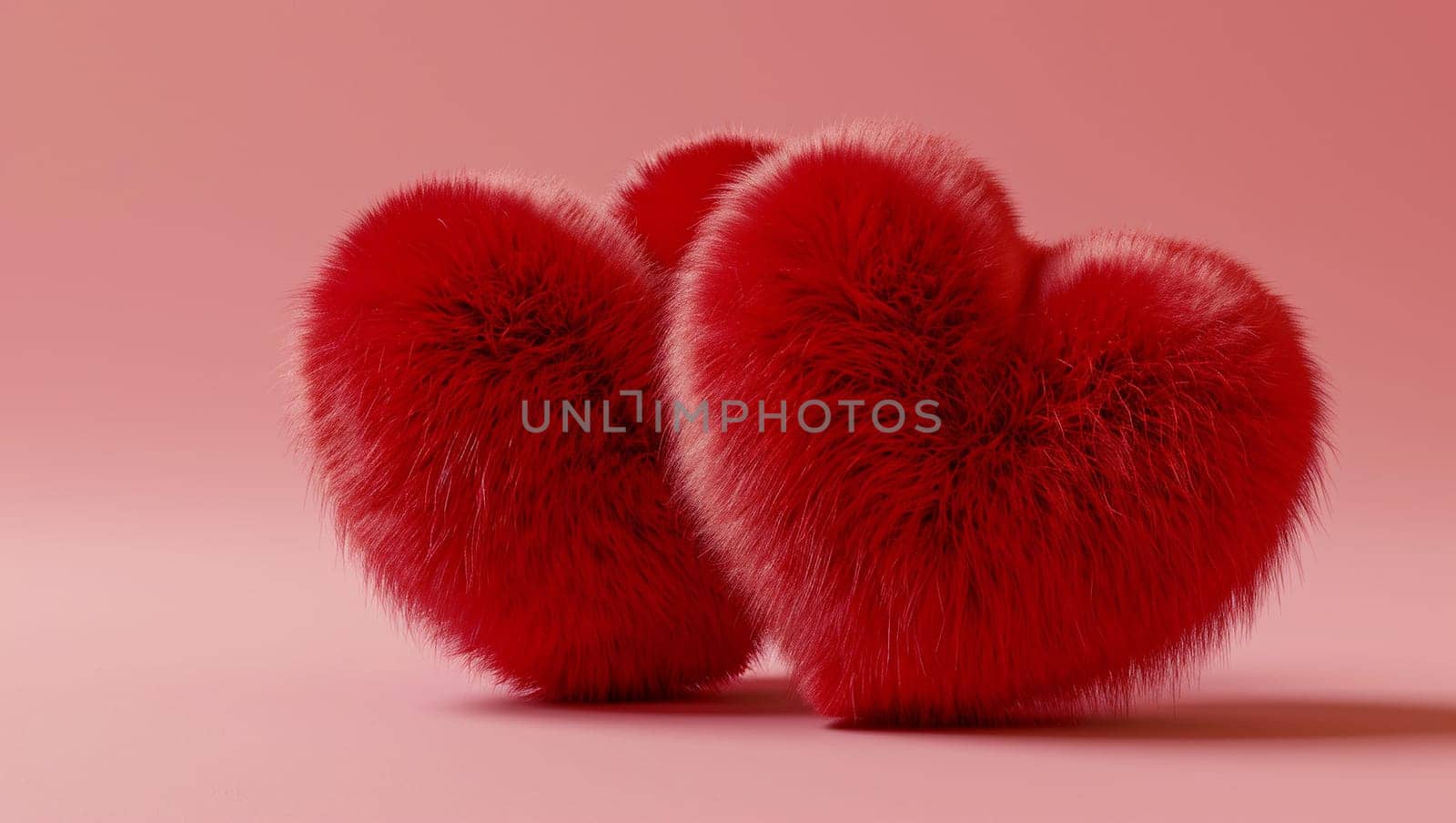 Two colorful fur hearts. Fur heart shapes on pink background, denoting love and care. Valentine's Day and happiness. by Sneznyj