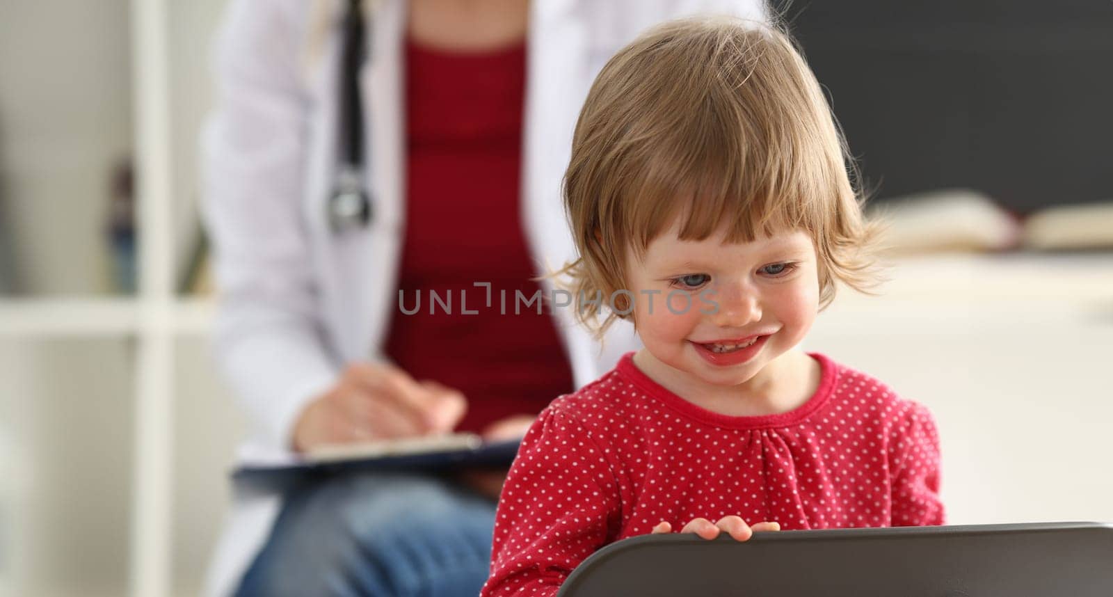 Little child with mother at pediatrician reception. Physical exam, cute infant portrait, baby aid, healthy lifestyle, ward round, child sickness, clinic test, high quality and trust concept