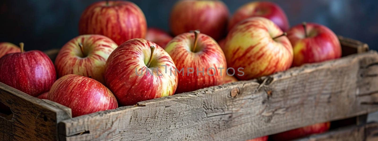 Fresh apples in a wooden box on an apple plantation. selective focus. Food. Generative AI,