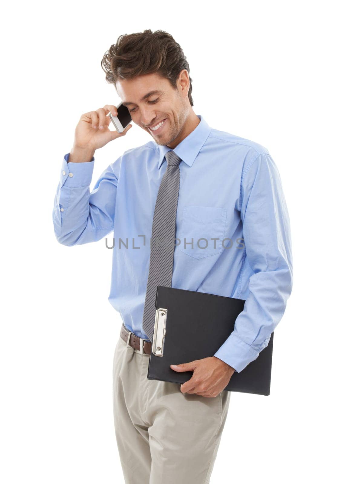 Happy businessman, phone call and conversation for communication or proposal on a white studio background. Man or employee smile and talking on mobile smartphone for business discussion on mockup.