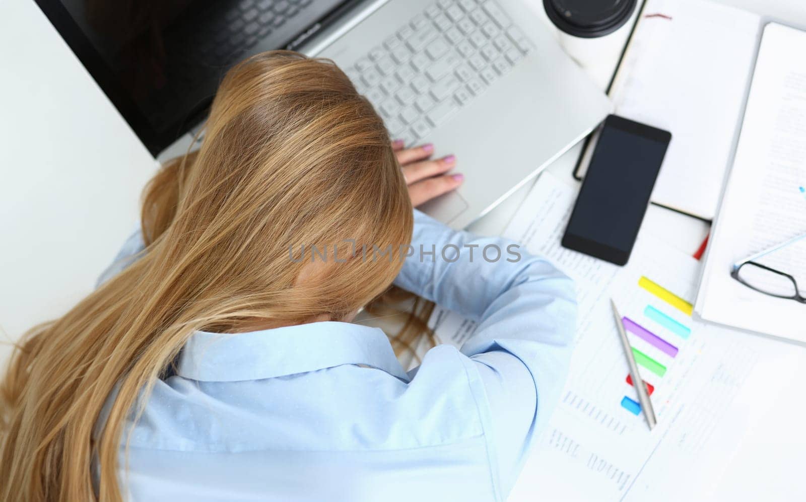 Lot of work wait for tired and exhausted woman. Huge pile of document folders headache and depression irs new problems emotion expression vacancy or holiday dream concept