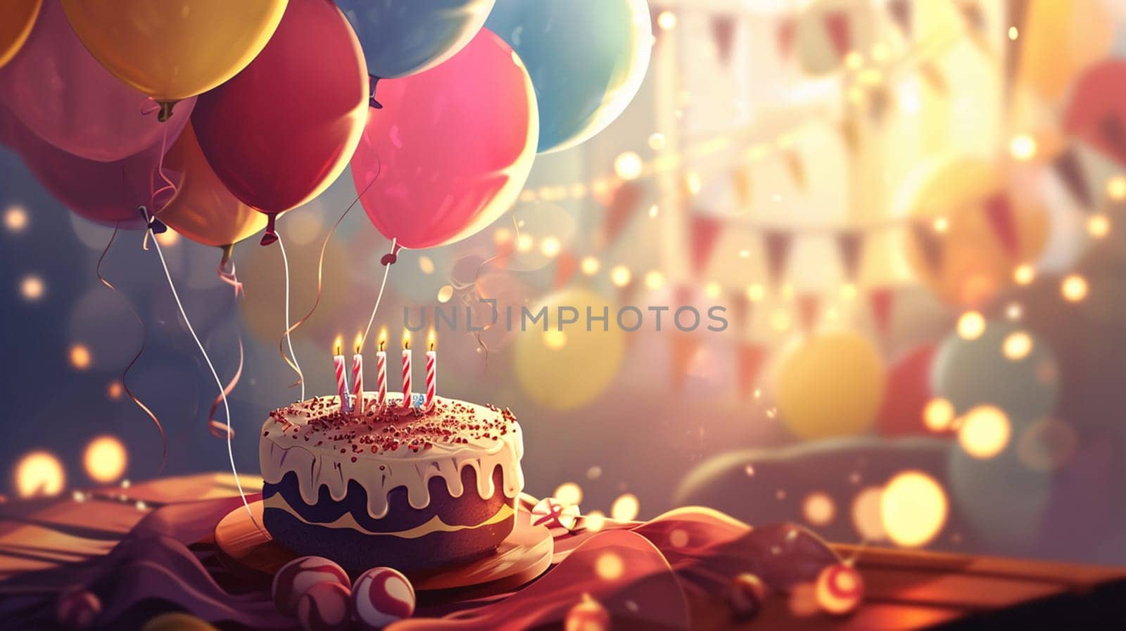 Beautiful happy birthday background with balloons. selective focus. Generative AI, by mila1784