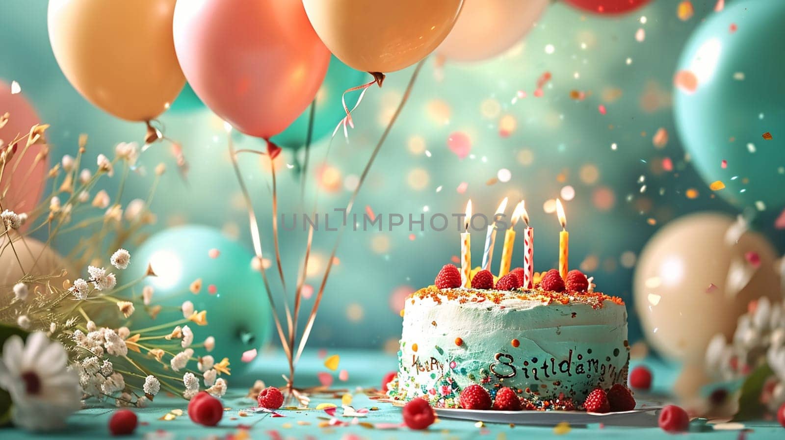 Beautiful happy birthday background with balloons. selective focus. Generative AI, by mila1784