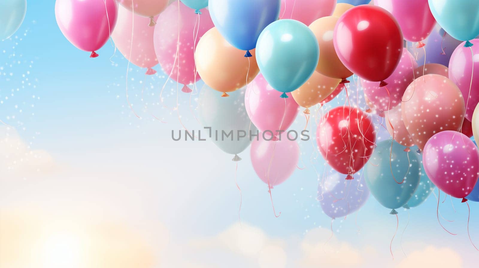 Beautiful happy birthday background with balloons. selective focus. Generative AI, by mila1784