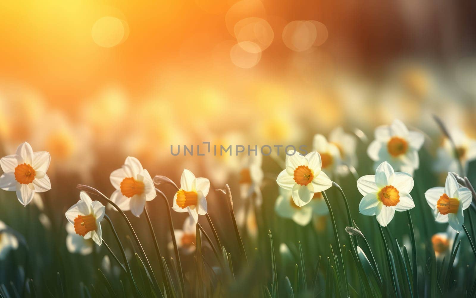 Blooming Beauty: A Springtime Meadow of Yellow and White Narcissus Flowers with Fresh Green Grass, against a Sunny Blue Sky by Vichizh