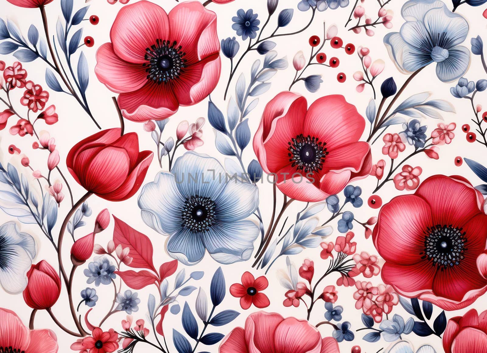 Romantic Floral Blossom: Vintage Botanical Print on Elegant Textile, Seamless Pattern of Red Poppies and Pink Flowers on White Background by Vichizh