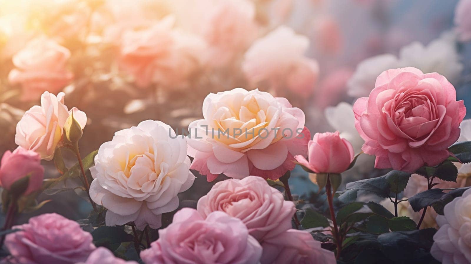 Beautiful roses in light colors. Selective Focus. Generative AI, by mila1784