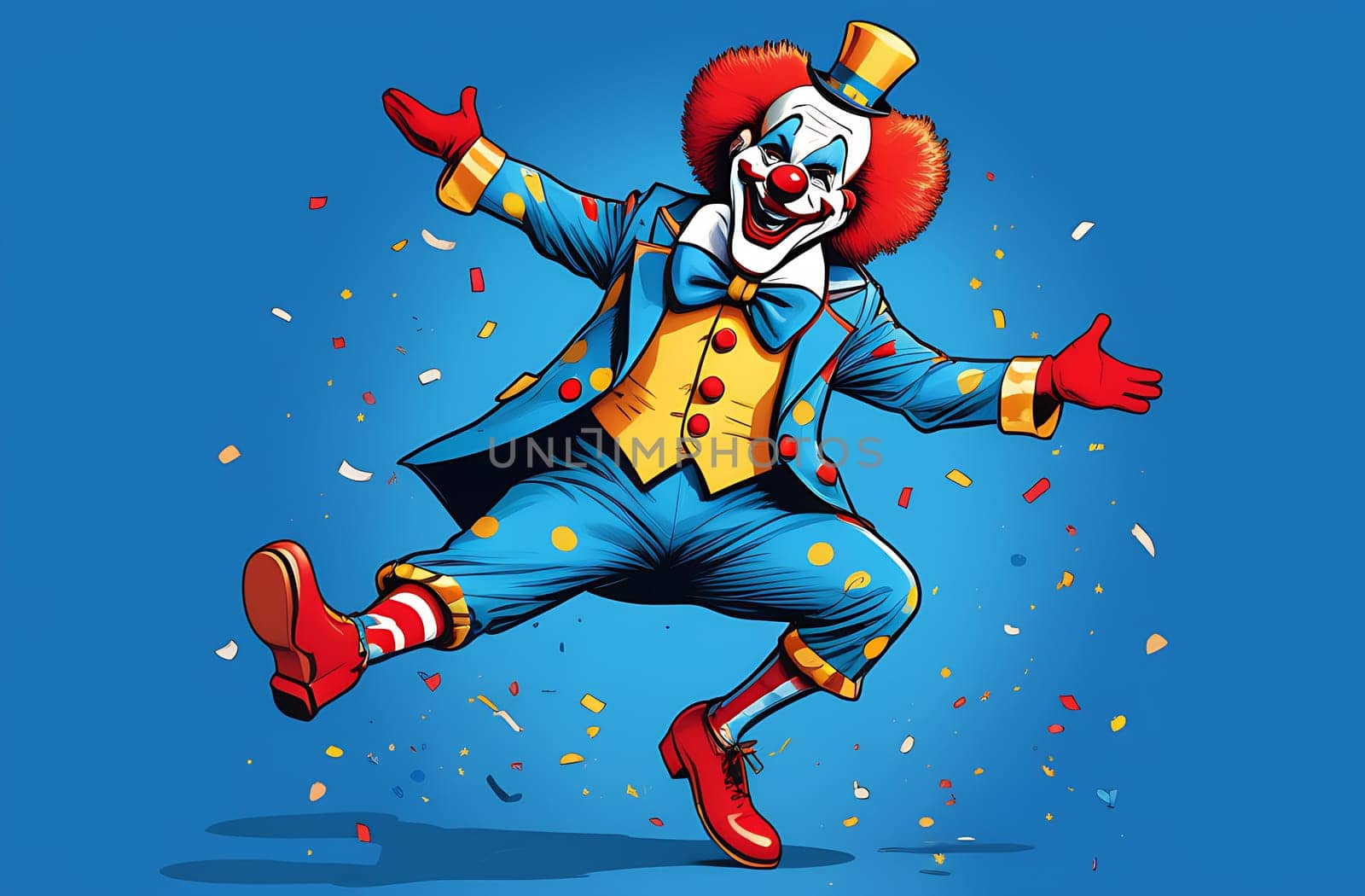 A cheerful clown on a blue background stands on one leg, with confetti scattered around. April Fool's Day Concept by claire_lucia