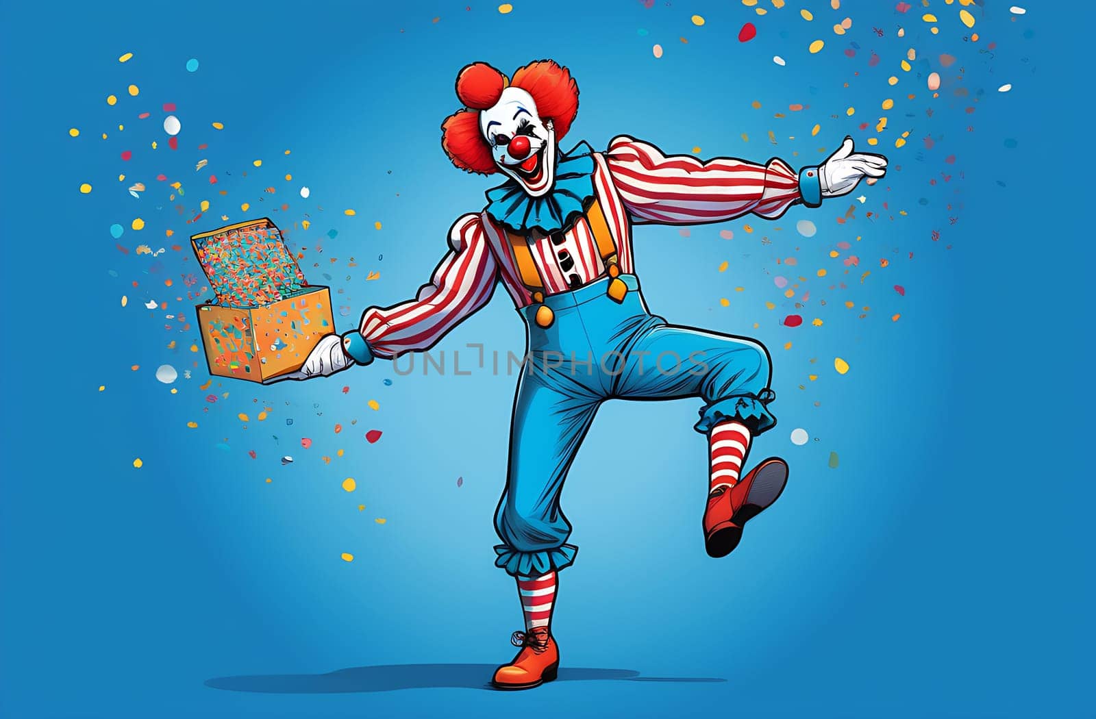 A cheerful clown on a blue background stands on one leg, with confetti scattered around. April Fool's Day Concept by claire_lucia