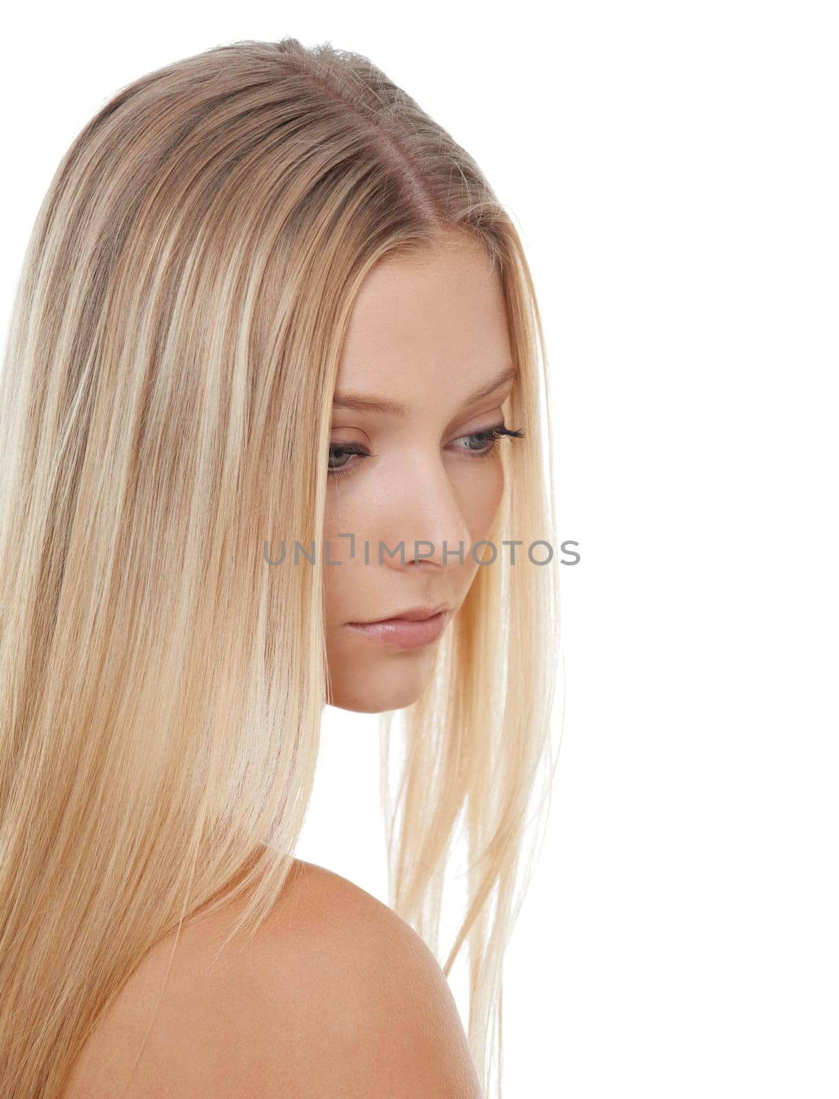 Woman, thinking and beauty with cosmetics in studio for hair care, keratin treatment and shampoo shine. Model, person and thoughtful with skincare, collagen texture and hairstyle on white background.