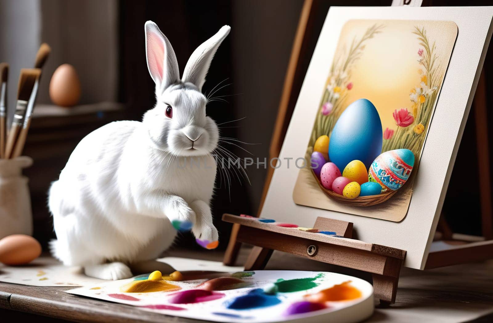 Happy easter card. Cheerful Easter bunny paints Easter eggs with bright colors by Proxima13
