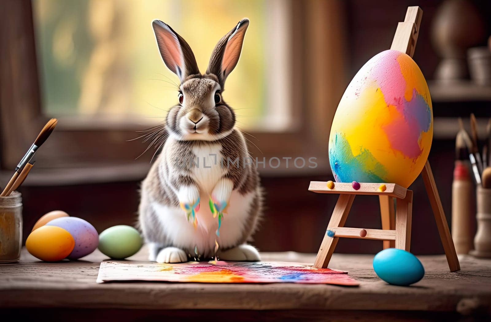 Happy easter card. Cheerful Easter bunny paints Easter eggs with bright colors.