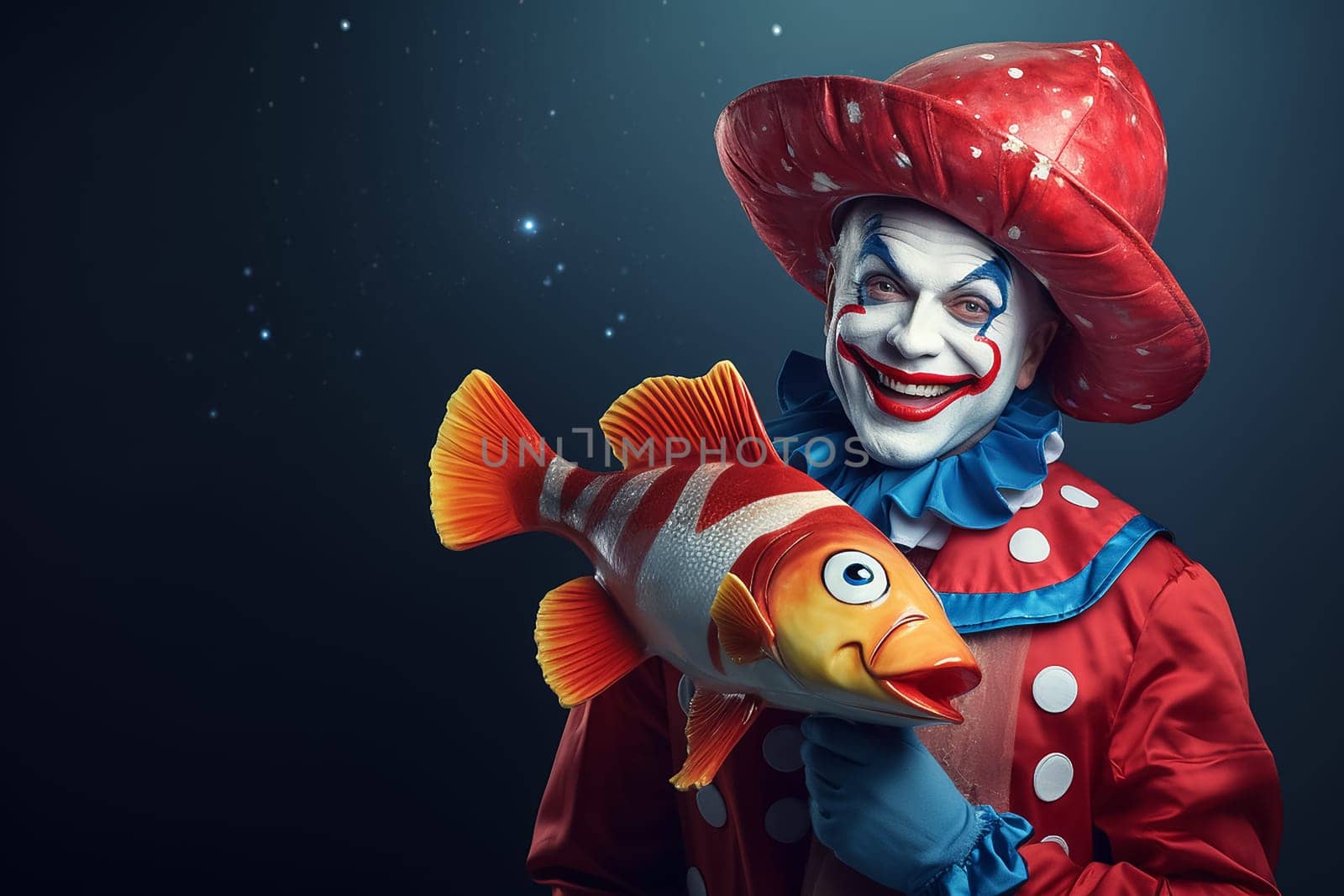 A funny clown in a huge stupid hat holds a big fish in his hand on a blue background. The concept of April Fool's Day on April 1st, on the left there is a place for text by claire_lucia