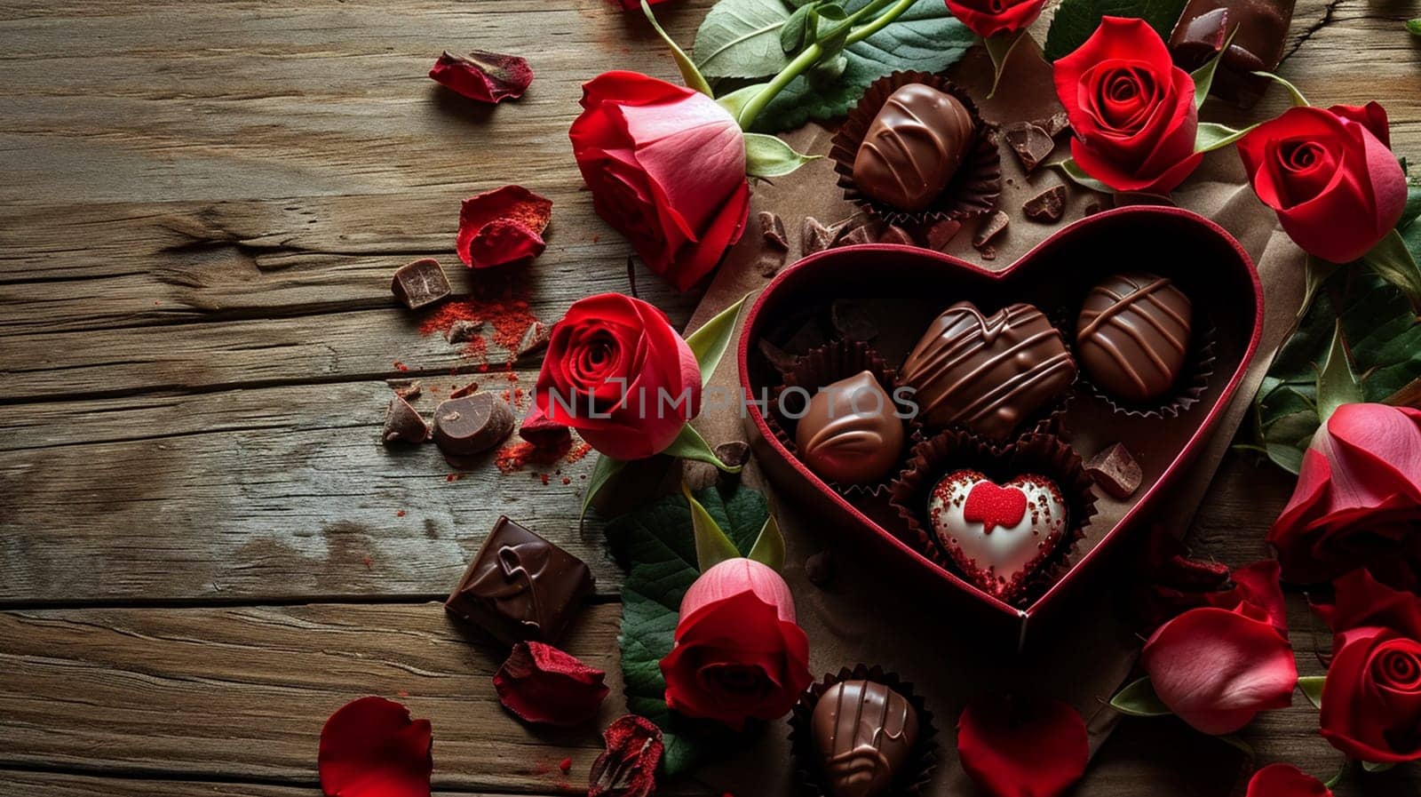 box of chocolates and flowers on a wooden background. selective focus. Holidays Generative AI,