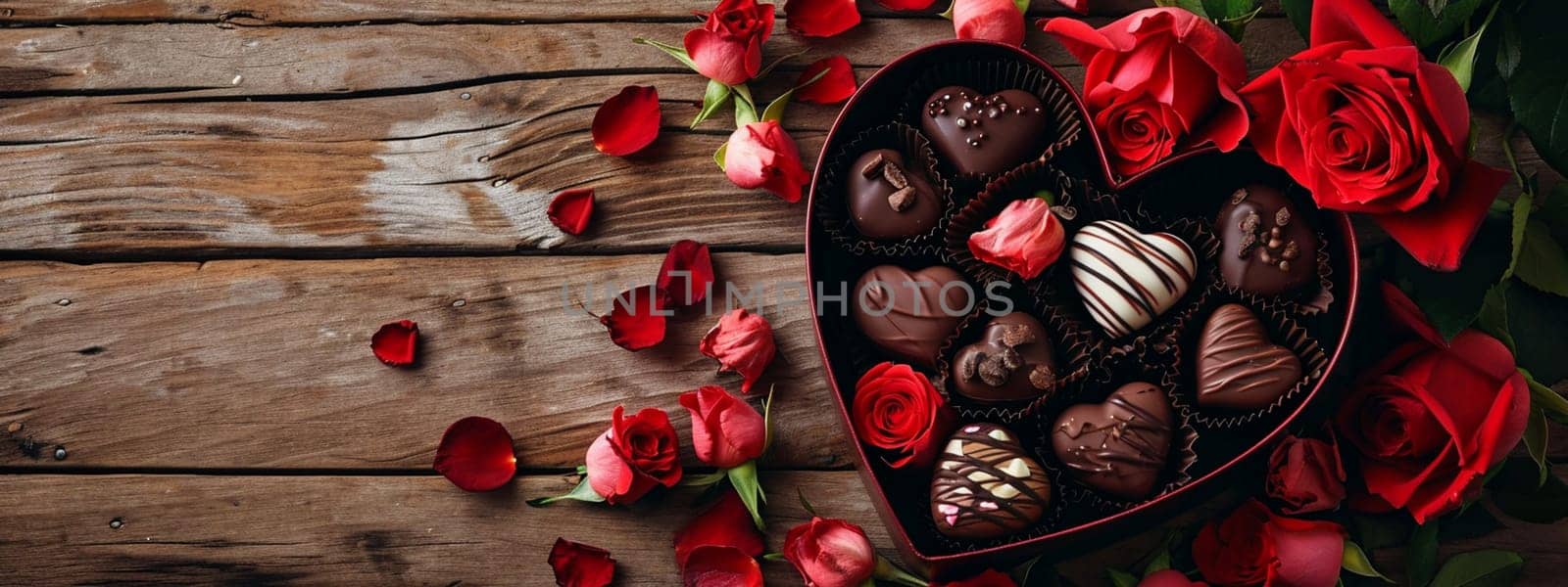 box of chocolates and flowers on a wooden background. selective focus. Holidays Generative AI,