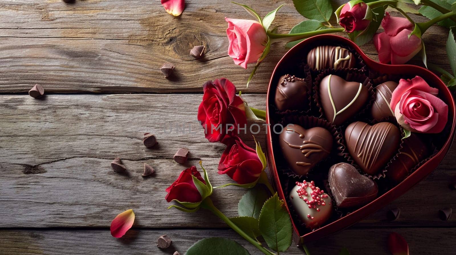 box of chocolates and flowers on a wooden background. selective focus. Holidays Generative AI,