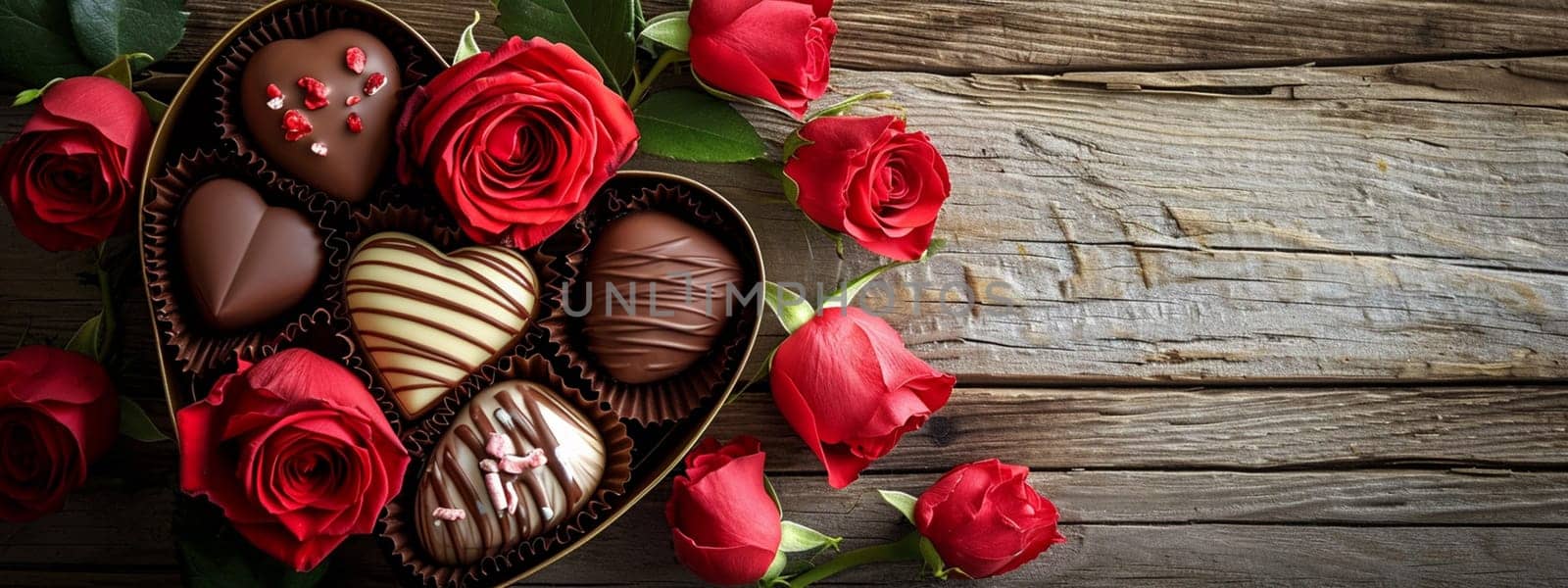 box of chocolates and flowers on a wooden background. selective focus. Holidays Generative AI,