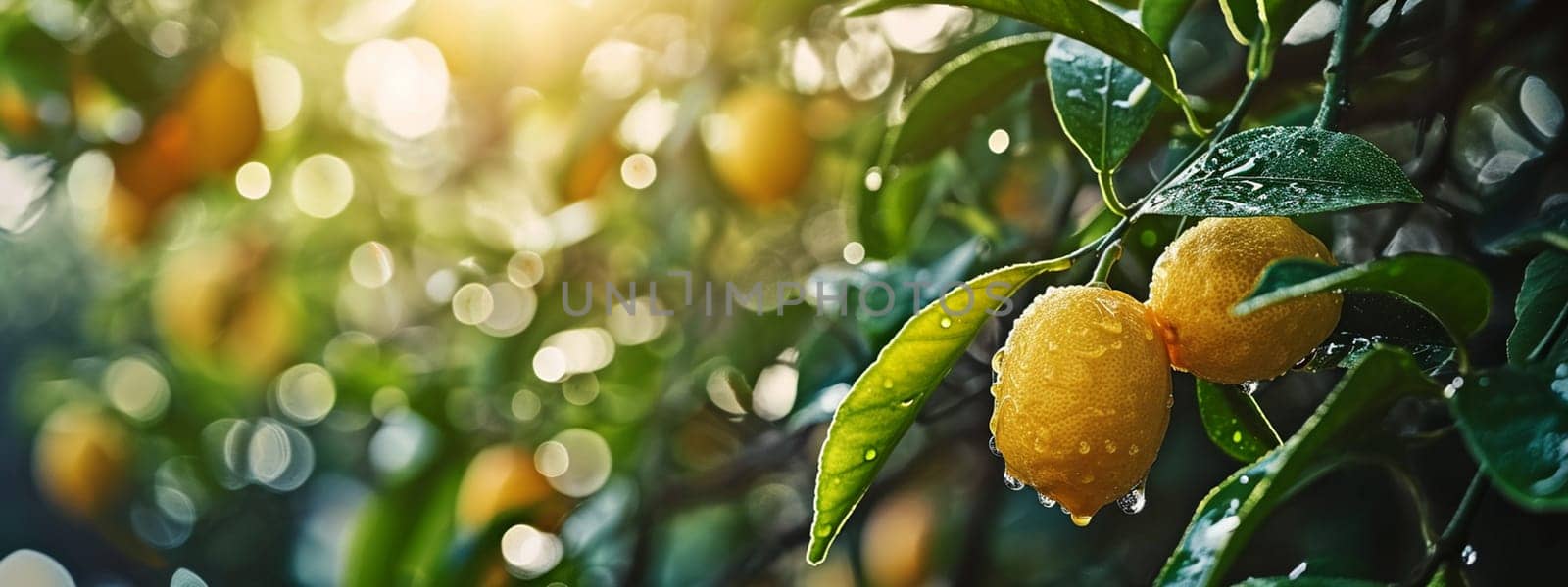 Close up of Lemons hanging from a tree in a lemon grove .Generative AI, by mila1784