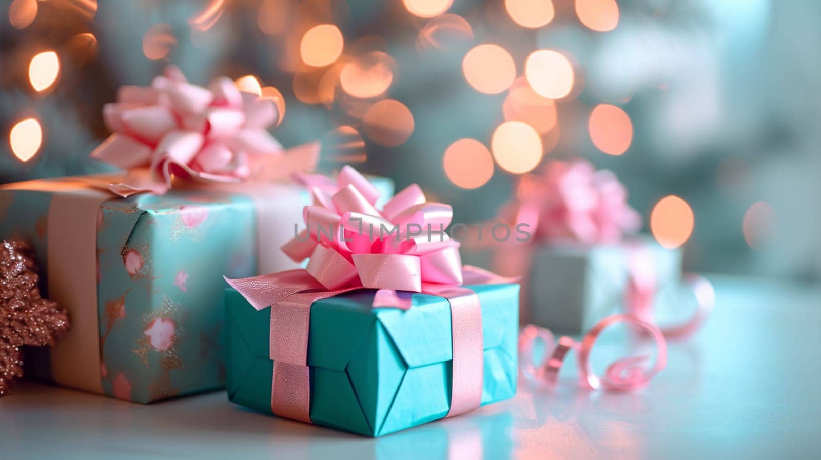 blue and pink boxes with pink bow. selective focus. Generative AI, by mila1784