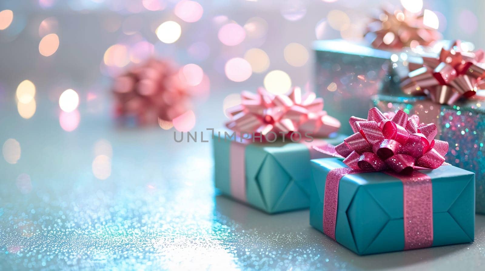 blue and pink boxes with pink bow. selective focus. Holidays. Generative AI,