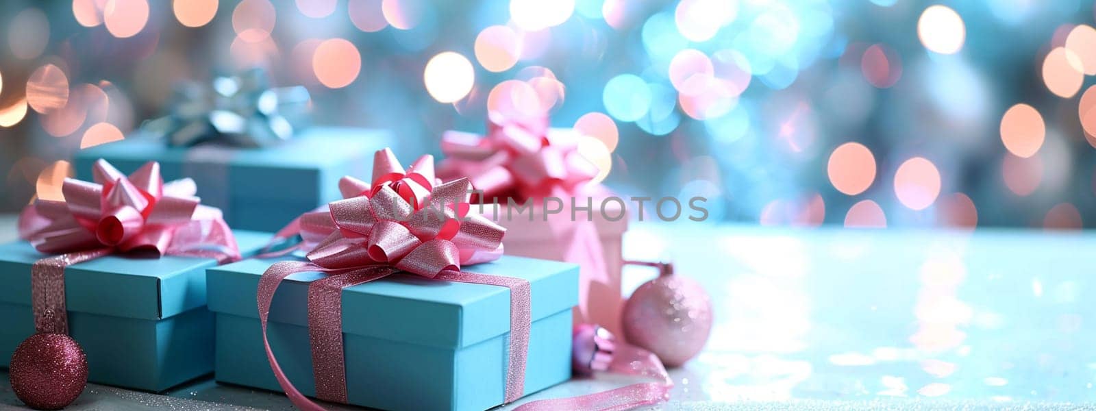 blue and pink boxes with pink bow. selective focus. Holidays. Generative AI,