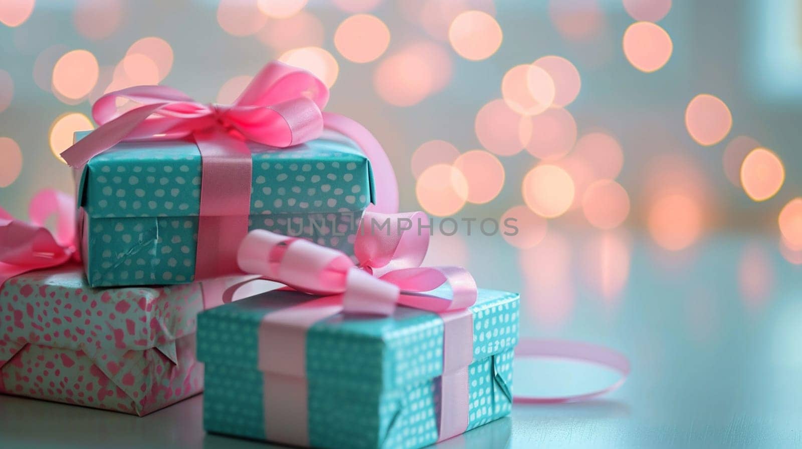 blue and pink boxes with pink bow. selective focus. Generative AI, by mila1784