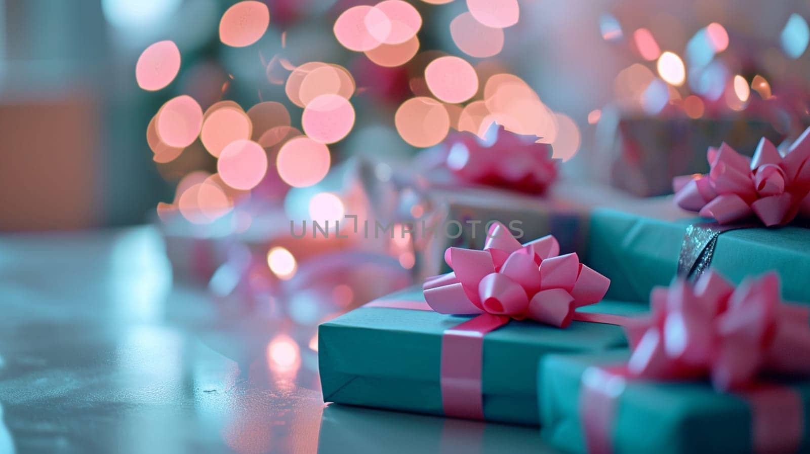 blue and pink boxes with pink bow. selective focus. Holidays. Generative AI,