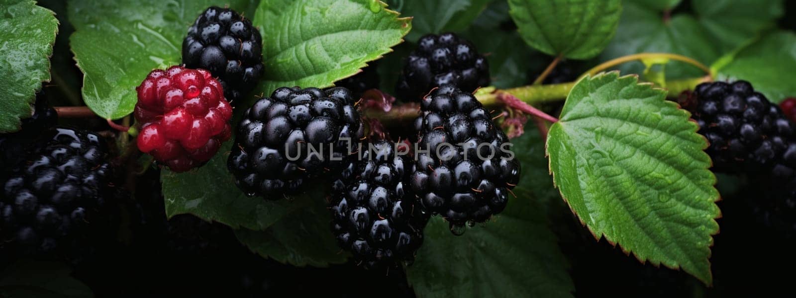 Blackberries grow in the garden. Ripe and unripe blackberries on a bush. selective focus. food Generative AI,