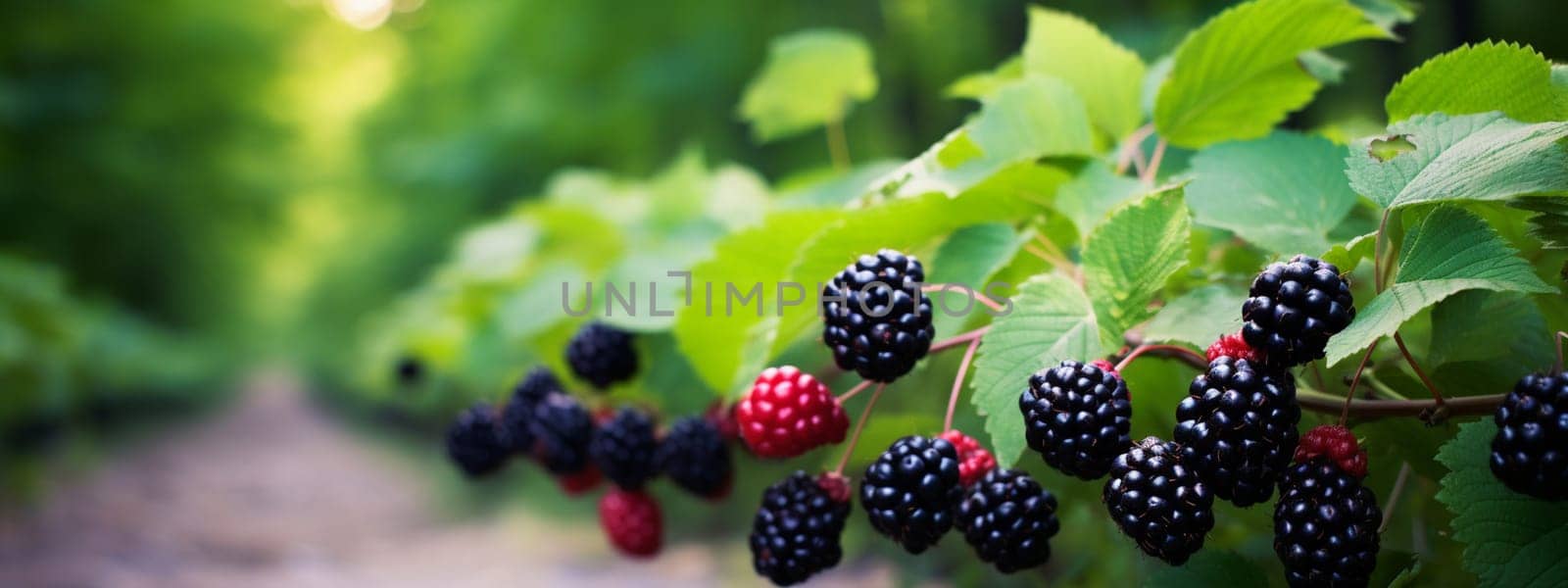 Blackberries grow in the garden. Ripe and unripe blackberries on a bush. selective focus. Generative AI, by mila1784