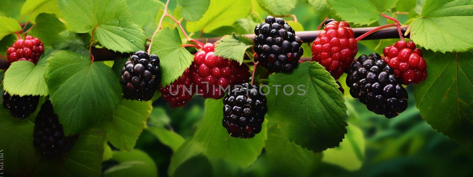Blackberries grow in the garden. Ripe and unripe blackberries on a bush. selective focus. Generative AI, by mila1784