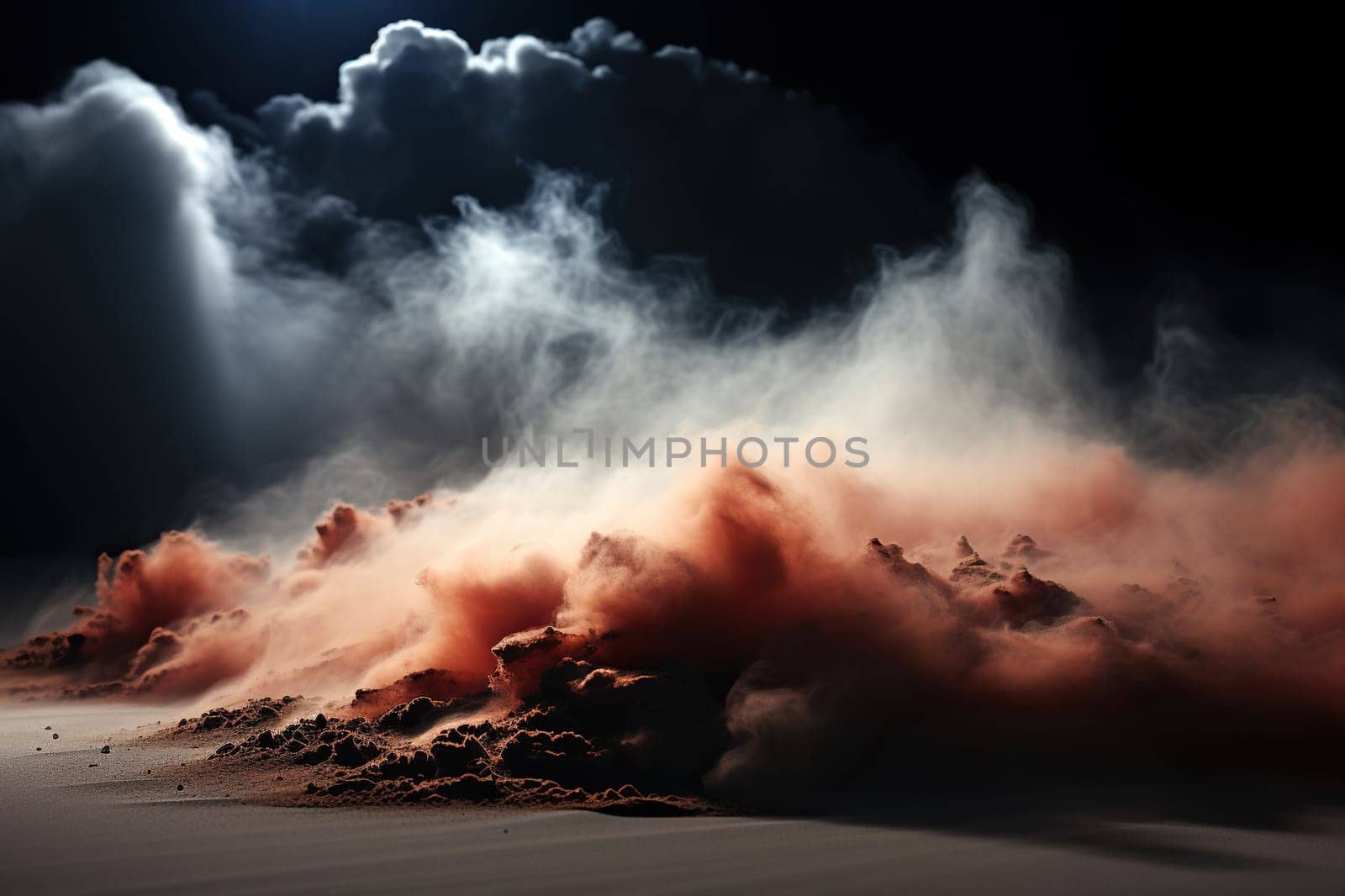 The wind blows huge clouds of dust across the desert at night. Generated by artificial intelligence by Vovmar