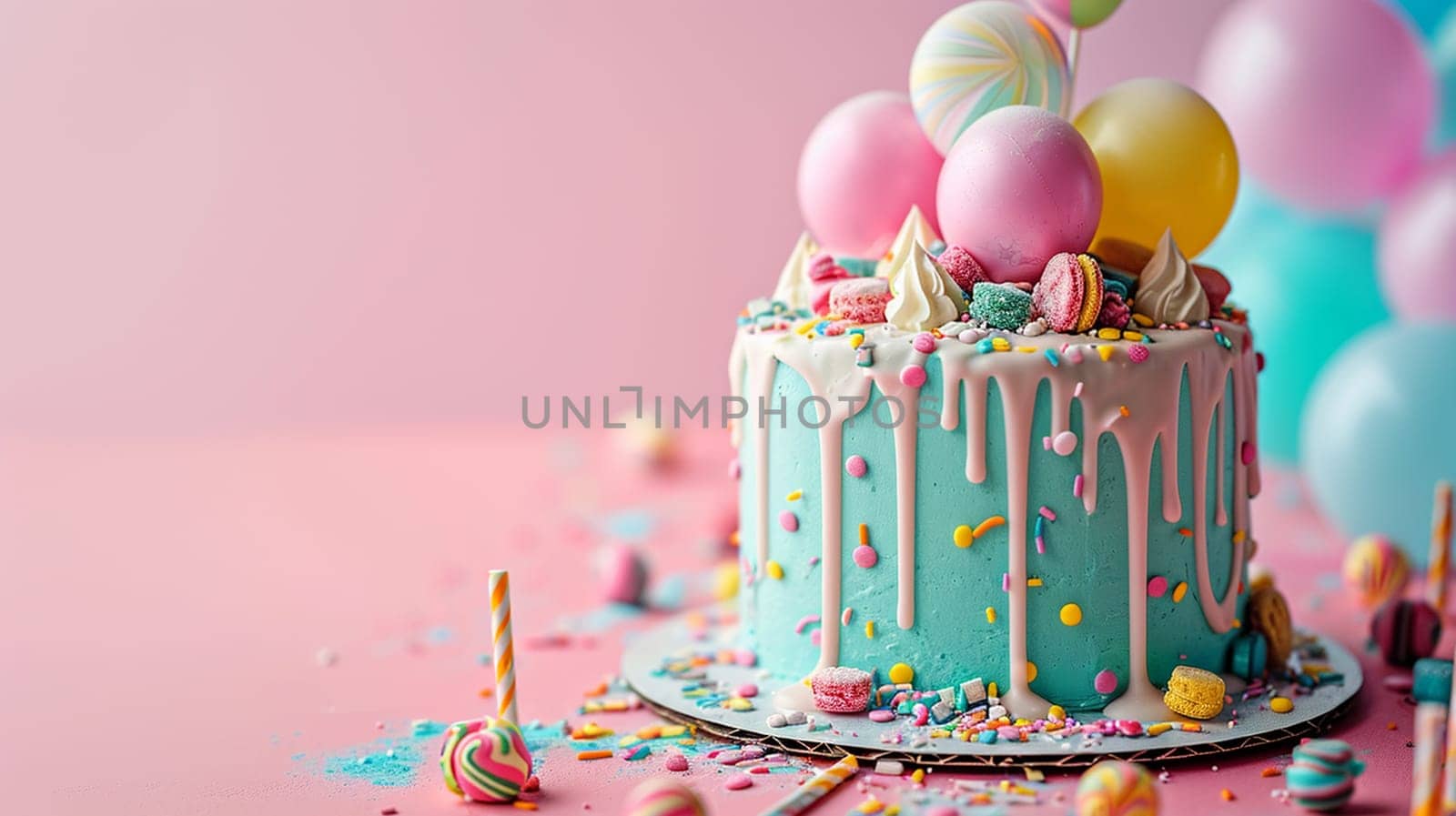 Beautiful happy birthday background with balloons. selective focus. Food Generative AI,