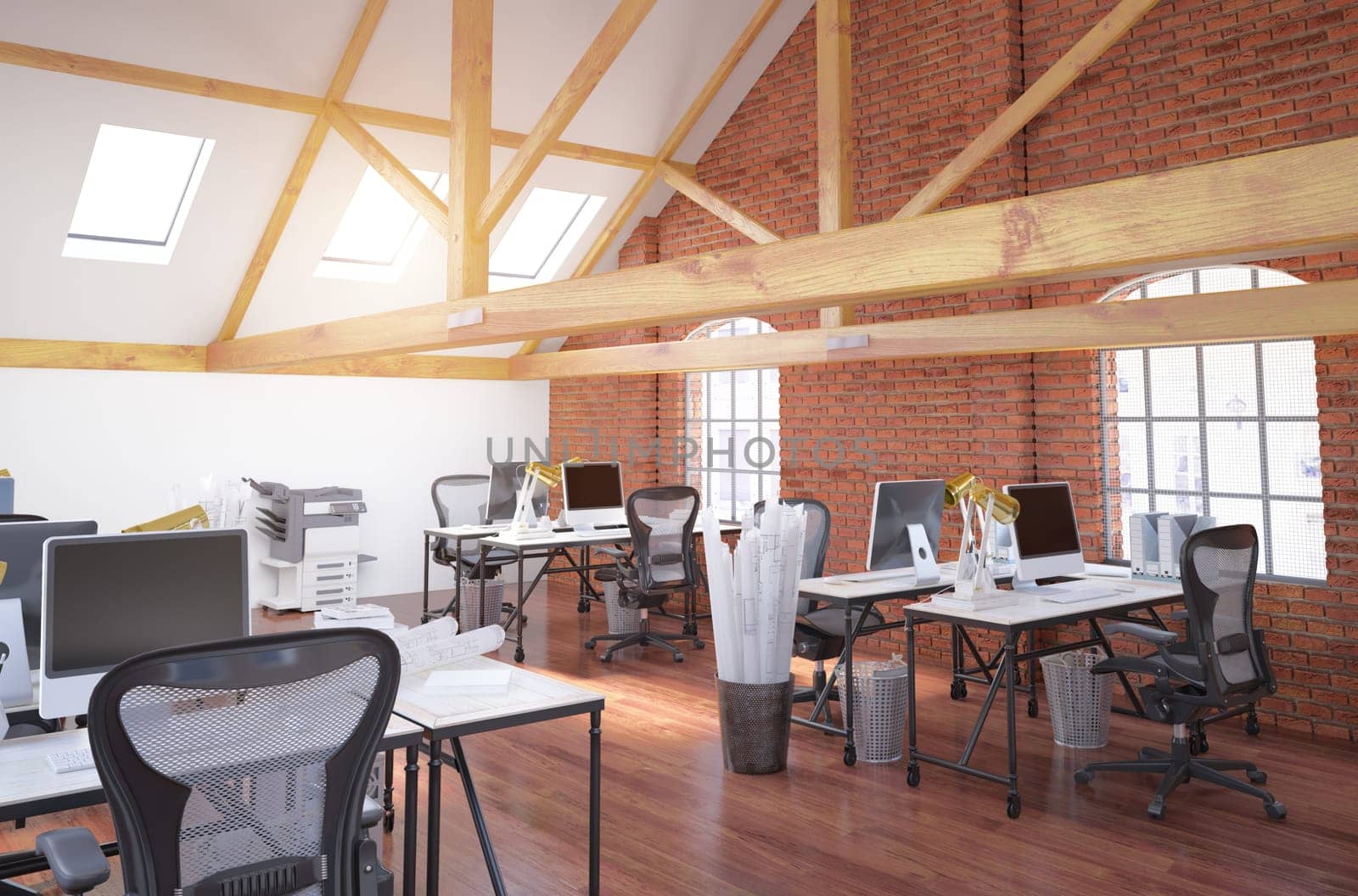 Modern bright coworking office interior. 3d rendering mock up toned image