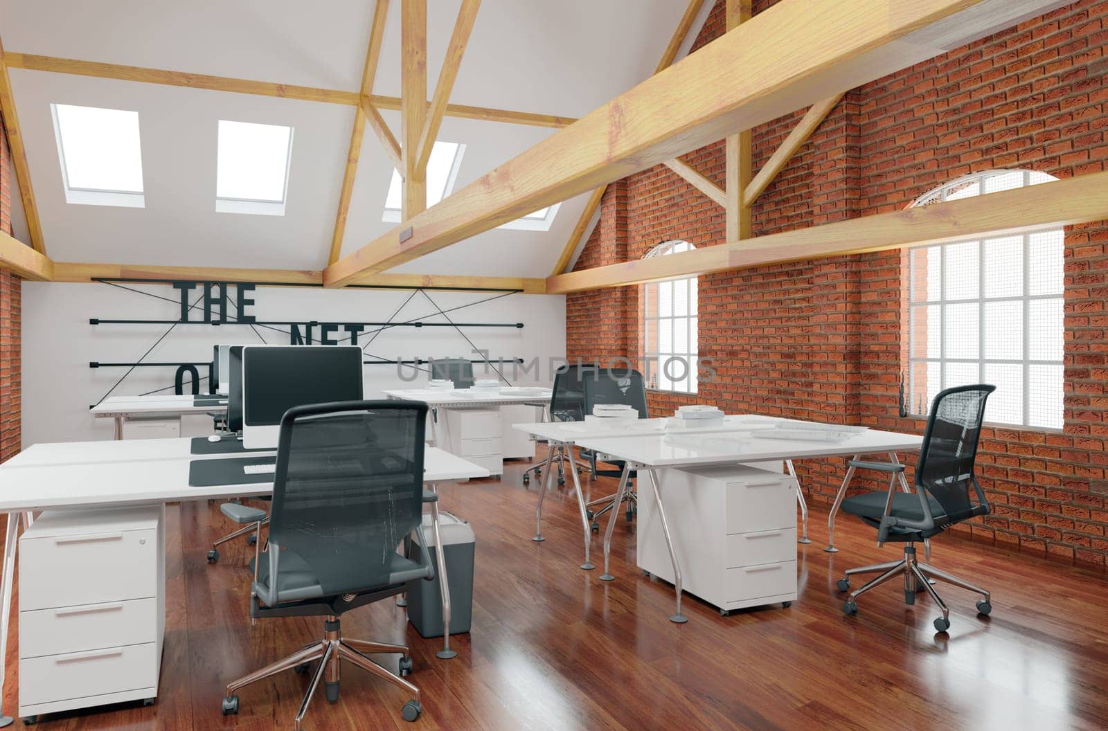 Modern bright coworking office interior. 3d rendering mock up toned image