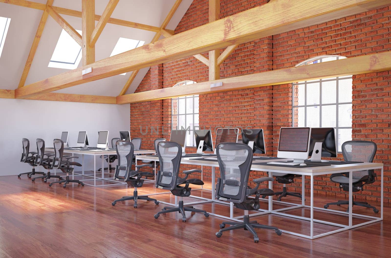 Modern bright coworking office interior. 3d rendering mock up toned image