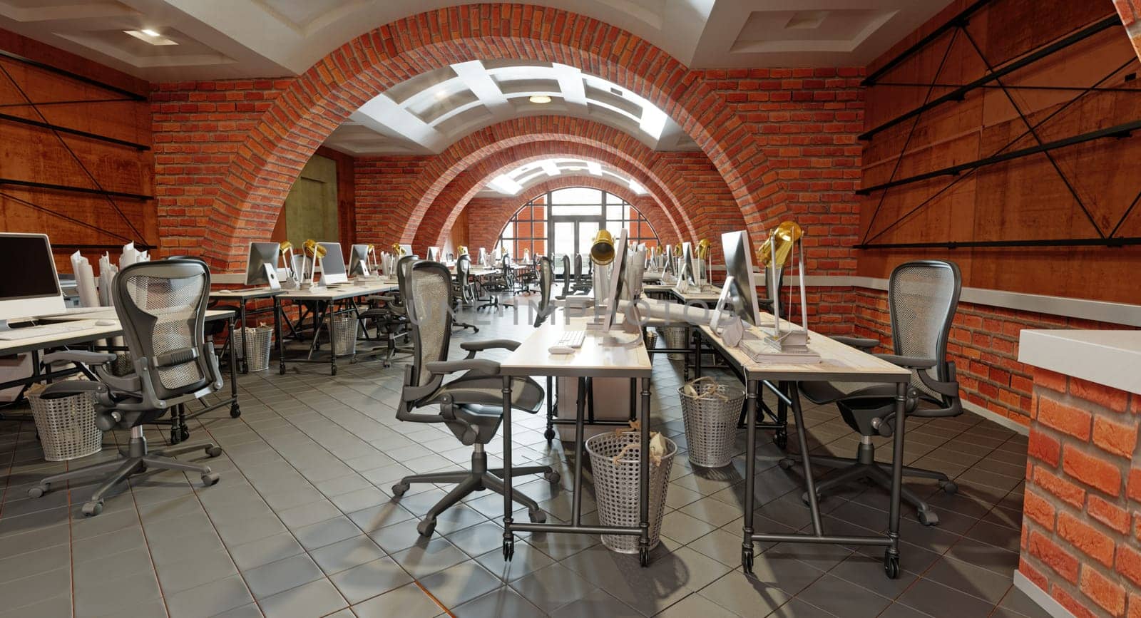 Interior of a modern office with brick walls and floor. 3d rendering