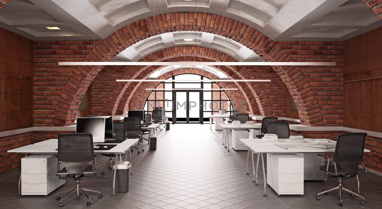 Interior of a modern office with brick walls and floor. 3d rendering