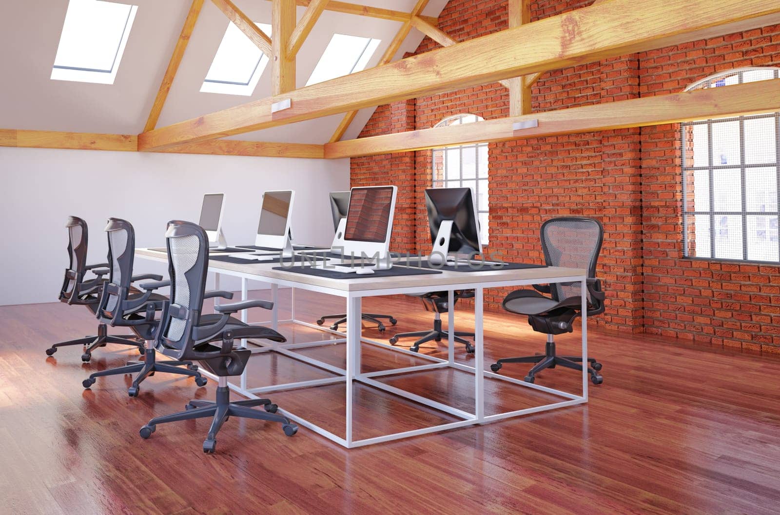 Modern bright coworking office interior. 3d rendering mock up toned image