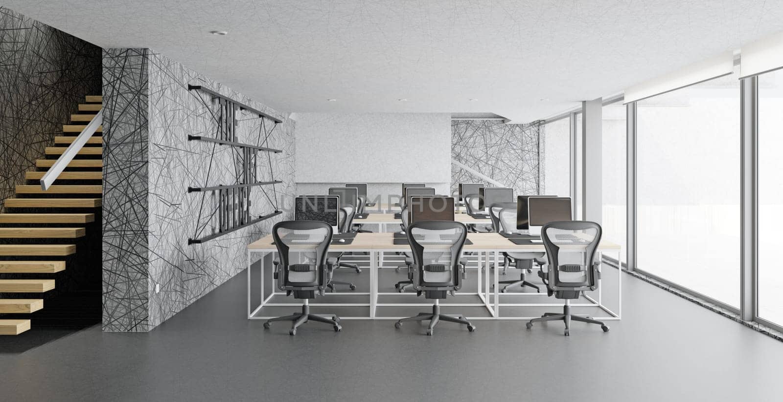 Interior of modern office with walls, concrete floor, rows of white computer tables with chairs and stairs. 3d rendering