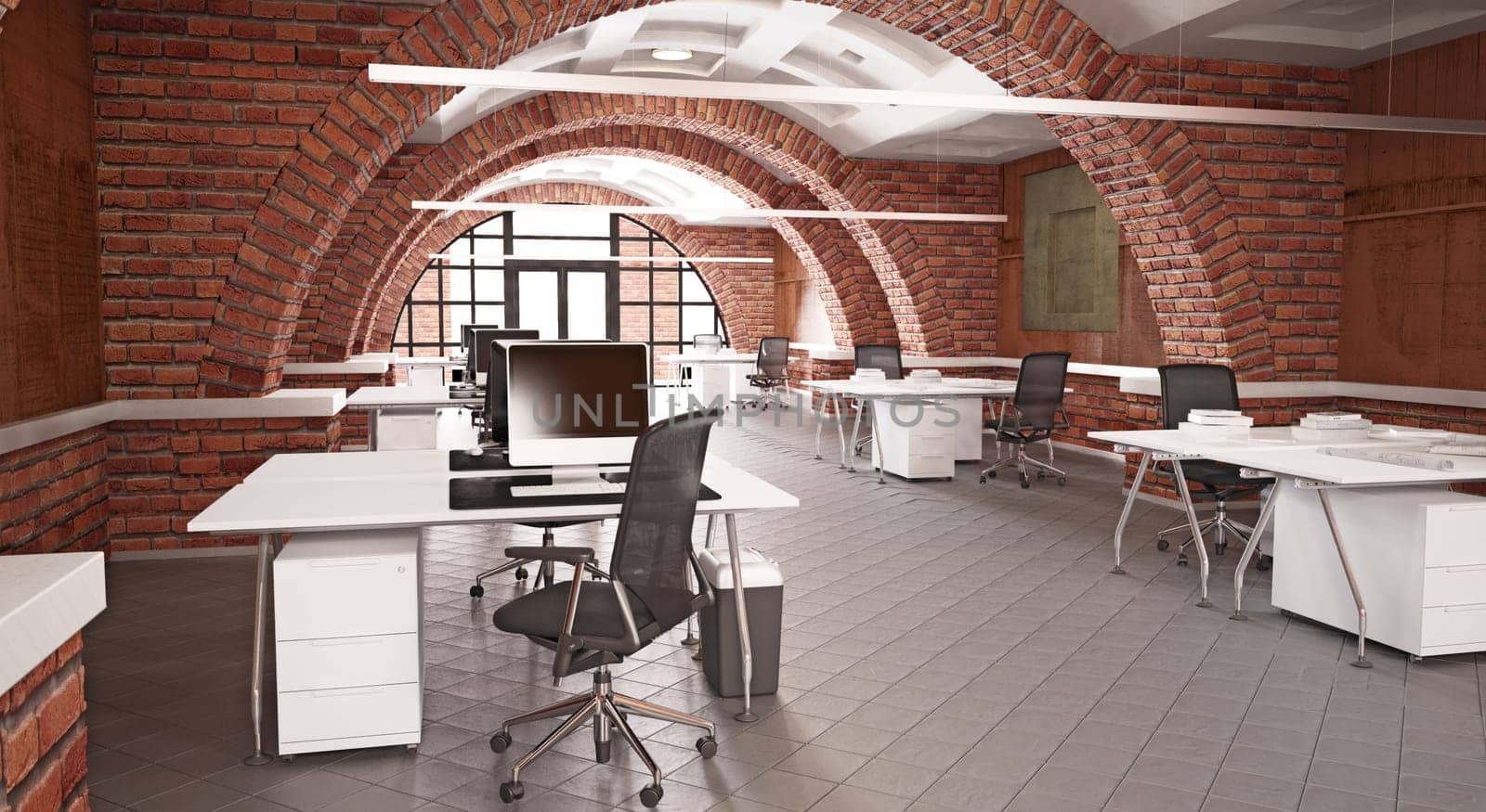 Interior of a modern office with brick walls and floor. 3d rendering