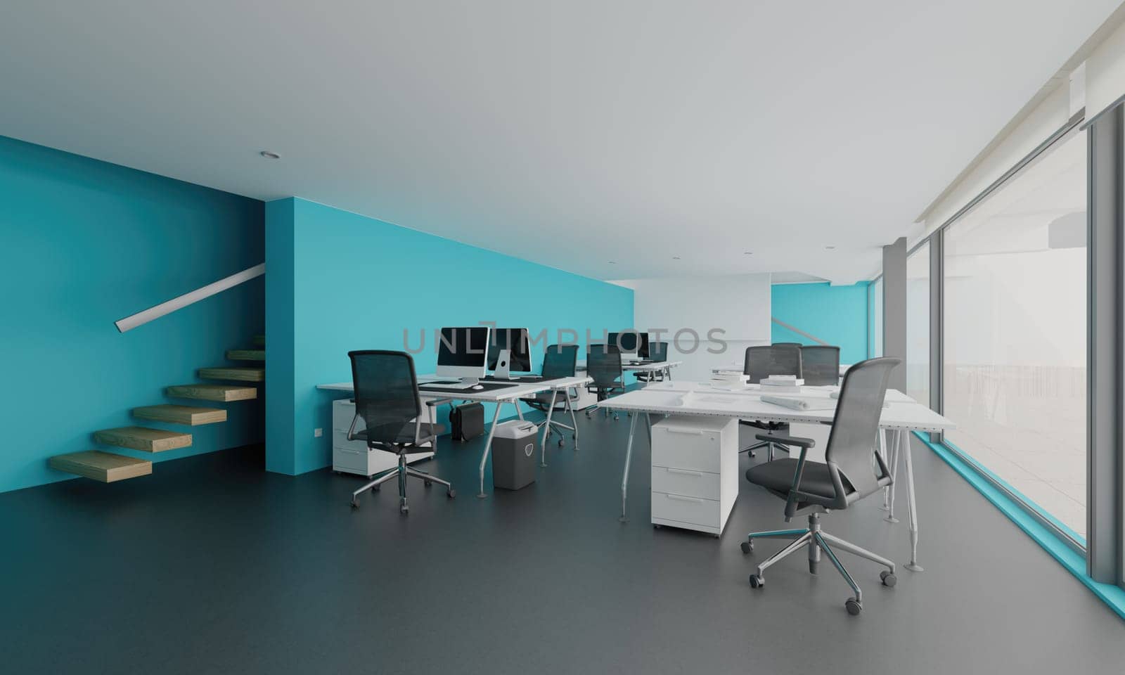 Interior of modern office with blue walls, concrete floor, rows of white computer tables with chairs and stairs. 3d rendering