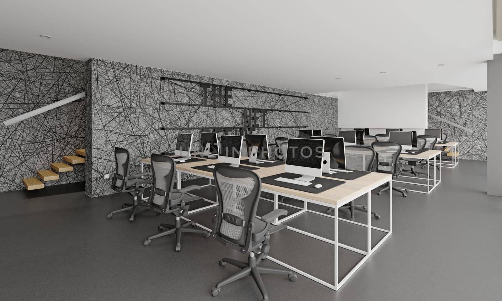 Interior of modern office with walls, concrete floor, rows of white computer tables with chairs and stairs. 3d rendering