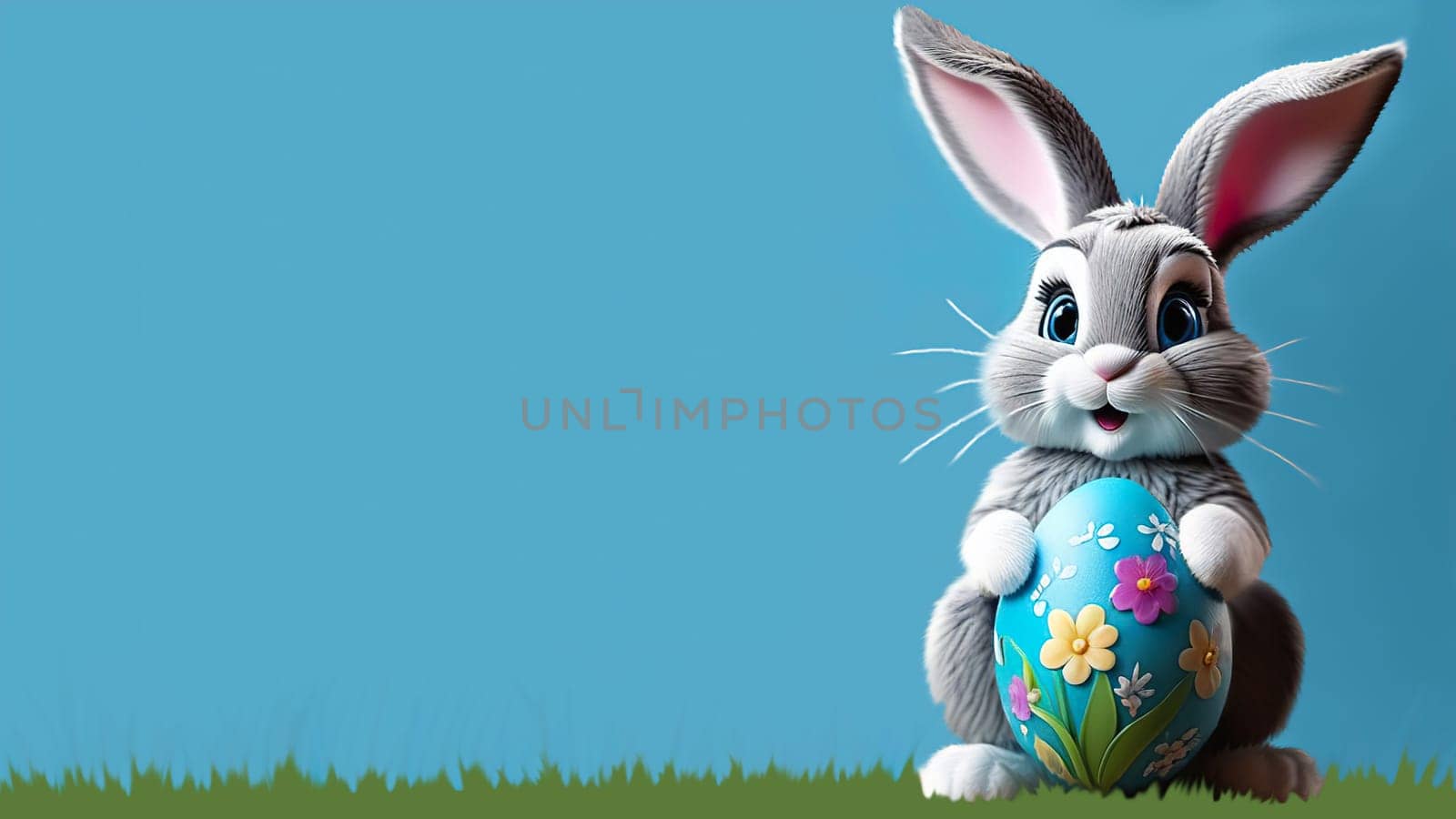 Easter Card, сute Rabbit with Egg on green spring grass by Proxima13