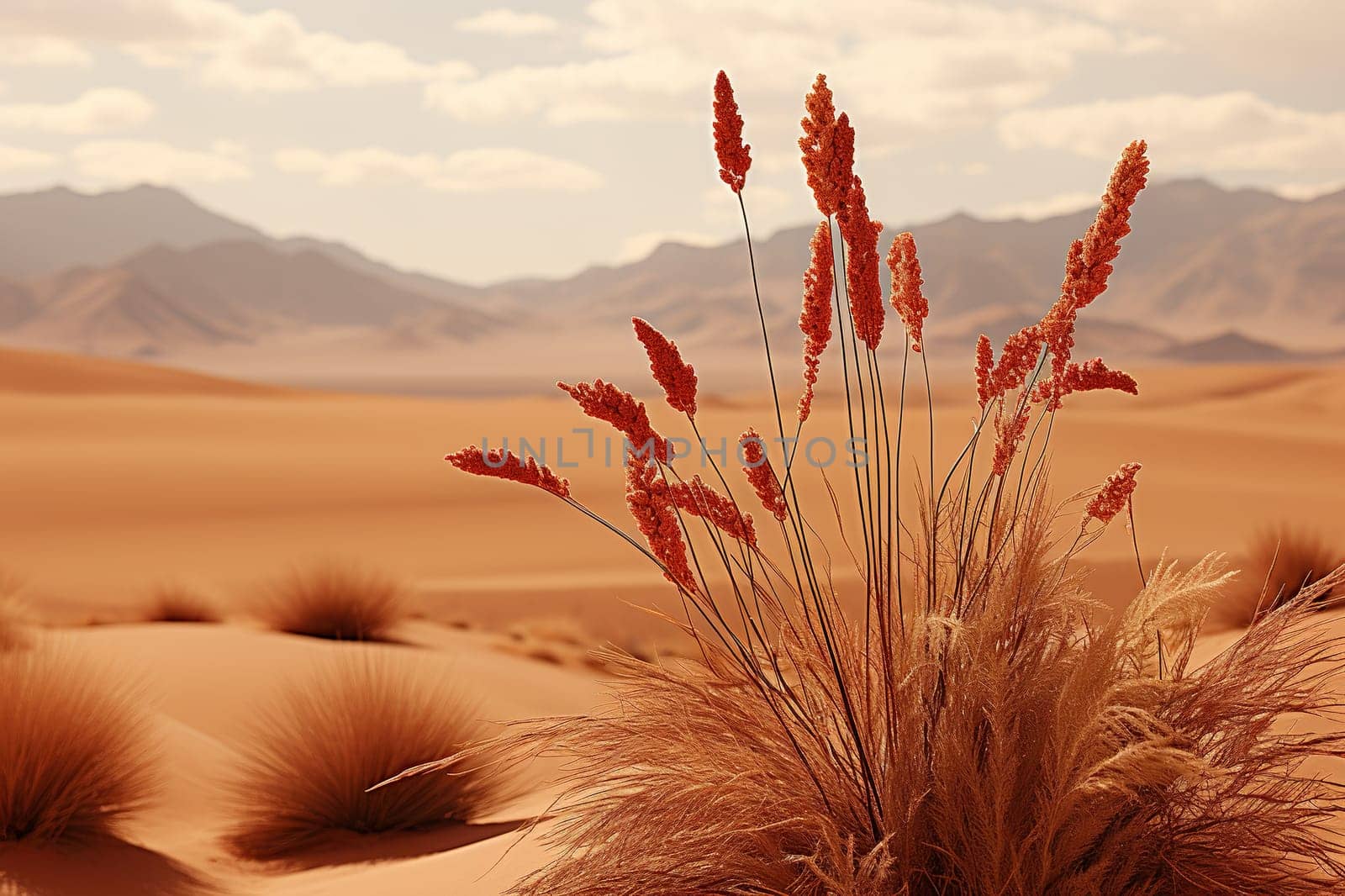 Bush of dry plants with flowers in an arid sandy area. Nature in a dry climate. Generated by artificial intelligence by Vovmar