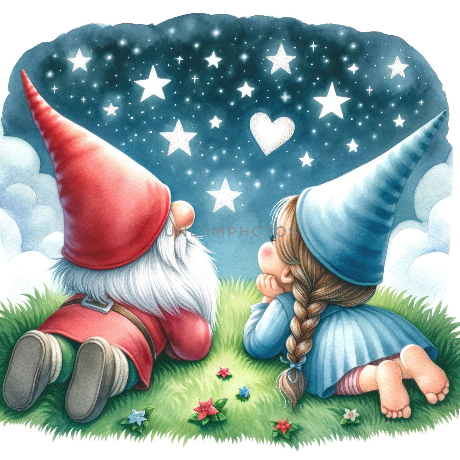Valentines gnome, love Nordic gnome, Scandinavian gnomes, Watercolor cute valentines day postcard. Vellichor.