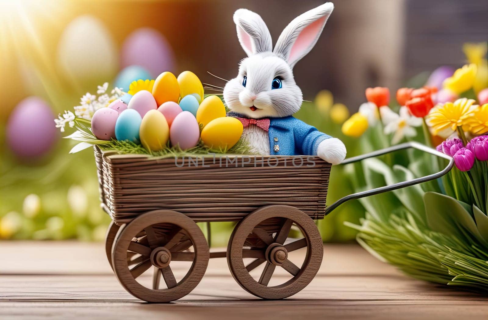 Easter symbol concept. Cute white bunny sitting in a tiny cart full of Easter eggs and flowers, card