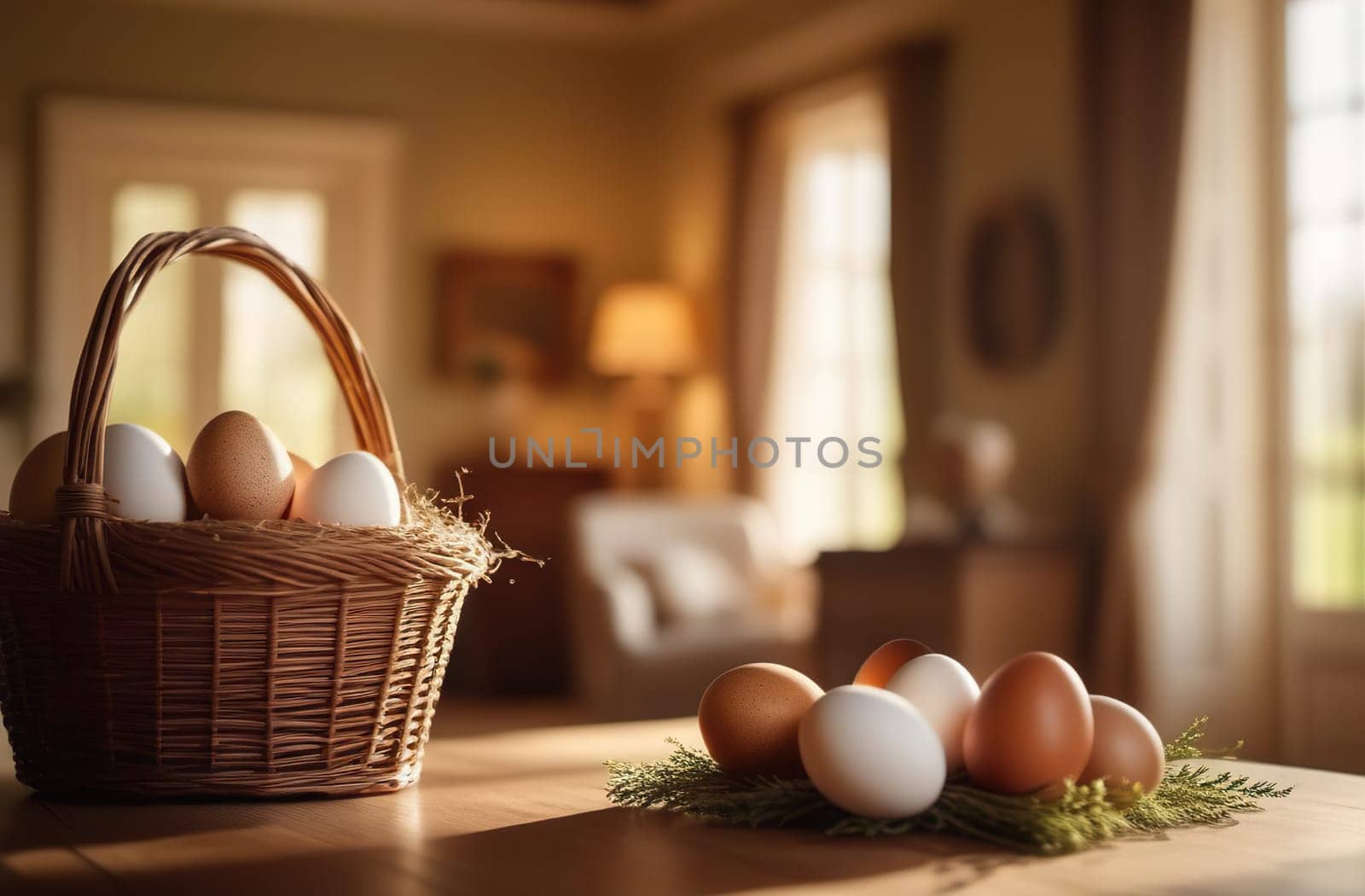 Brown and white chicken eggs on a farmhouse dining table. Selective focus by Proxima13